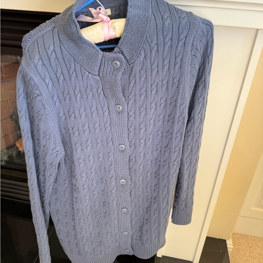 L.L. Bean Dusty Blue Cable-Knit Button Cardigan